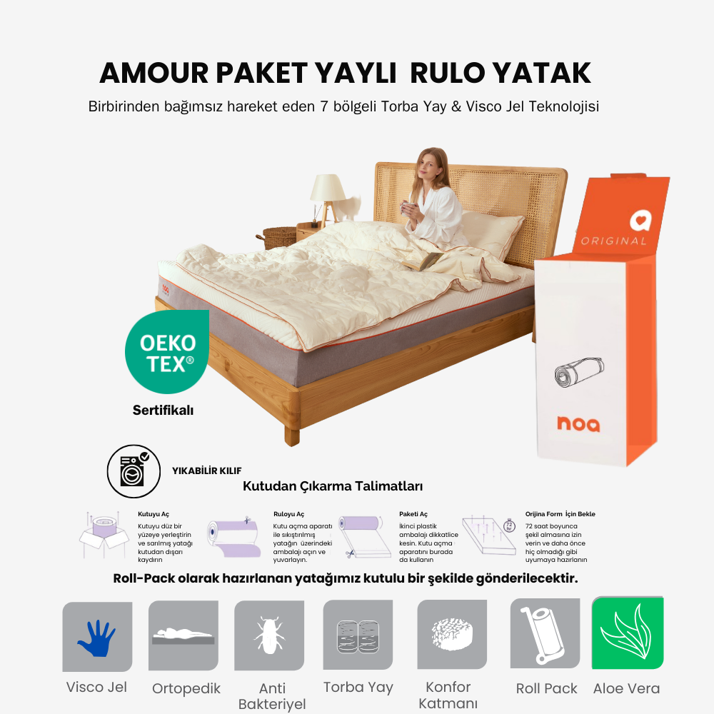 Amour Yıkanabilir Kılıflı, Visco Jel  Paket Yaylı  Yatak